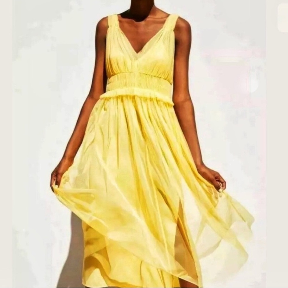 Zara tulle yellow midi ruffle dress Large - Picture 2 of 7